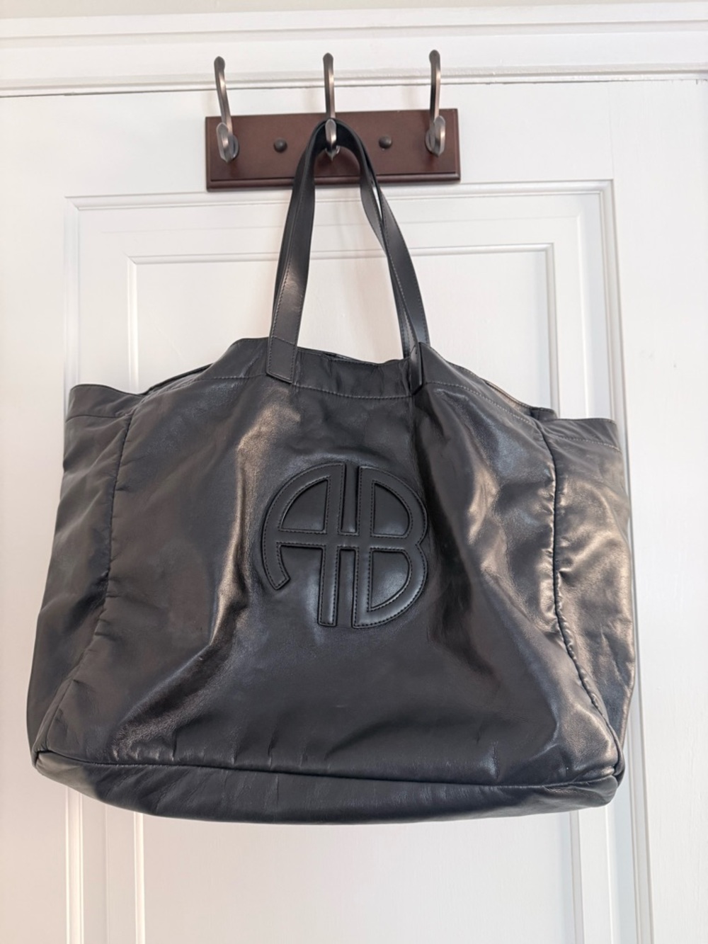 Anine Bing Black Leather Tote with Circular Monogram Detail